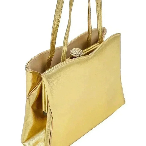 50s Gold Mid Century Kiss Lock Handbag Top Handle Bag Formal Evening Bag Wedding - Picture 4 of 6